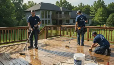 Raleigh, NC painters sealing a wood deck to protect against moisture and UV damage