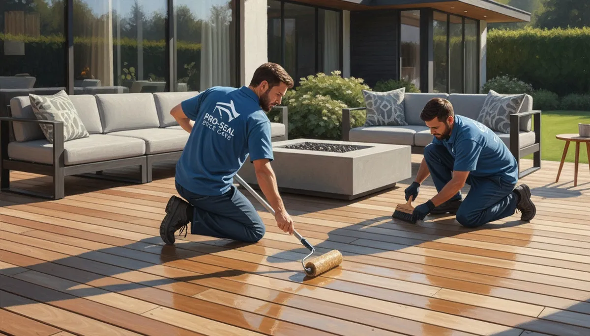 Raleigh Paint Pros applying deck sealant on a wood deck in Raleigh, NC
