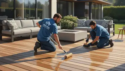 Raleigh Paint Pros applying deck sealant on a wood deck in Raleigh, NC