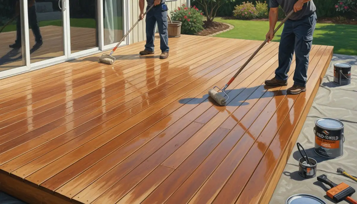 Raleigh, NC painters applying professional deck sealing for wood protection and weather resistance