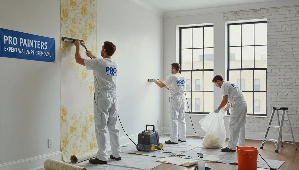Raleigh, NC painters removing wallpaper for a clean, careful wall prep service
